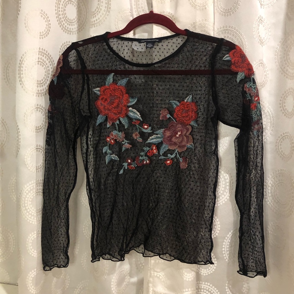 American Eagle Outfitters Black Lace Top with Red Floral Embroidery